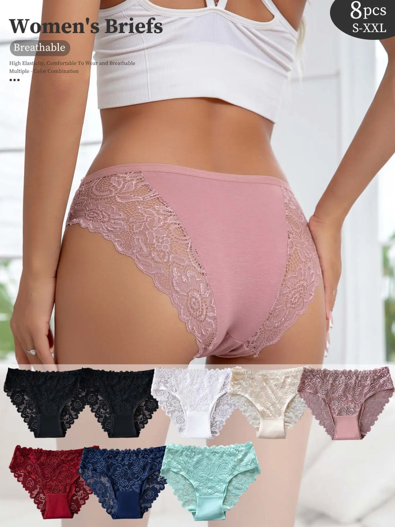 8 Pcs Vintage Solid Side Lace Elegant Briefs for Women, Soft Sexy Semi-Sheer Mesh Trim, Chafing-Free Undies for Loungewear, Work & Date Night