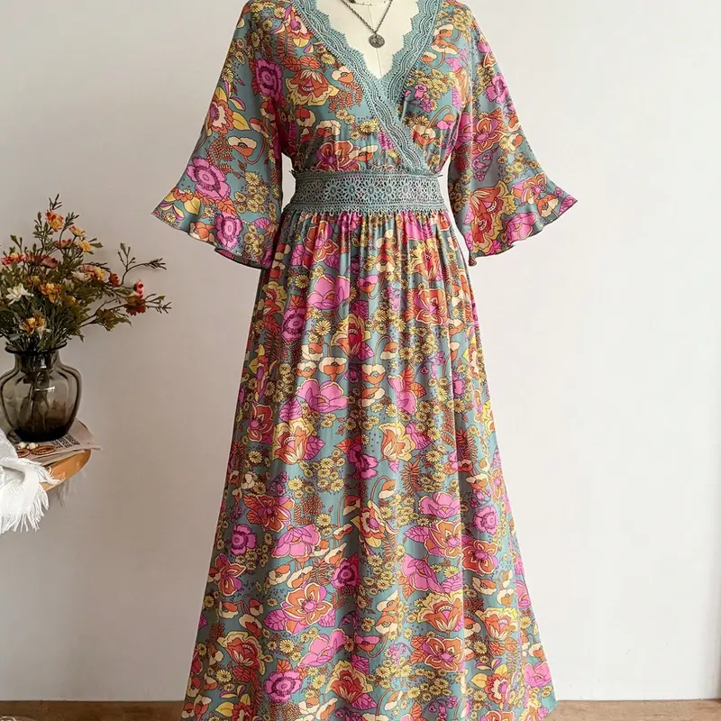 Women's Plus Size Vintage Boho Bohemian Floral Lace V-Neck Flounce Sleeve Dress, Elegant Long Dress for Music Festival, Beach & Vacation