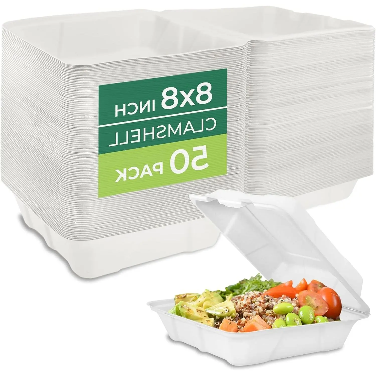 8x8" 50-Pack Compostable Clamshell Takeout Containers, Biodegradable Sugarcane To Go Boxes, Heavy Duty Paper Food Containers, Microwave & Freezer Safe, StackableGift