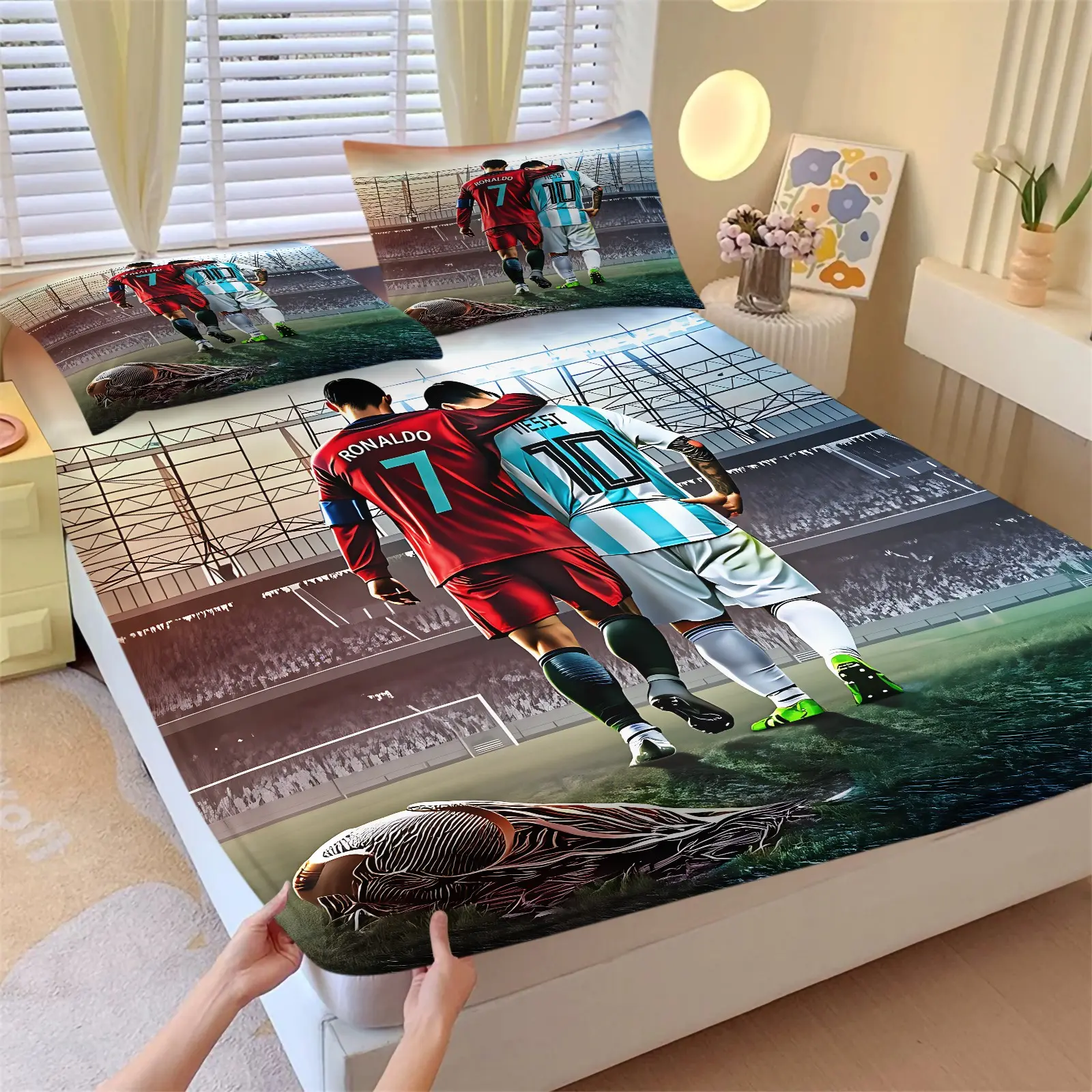 Football Theme Fitted Sheet Set-1 Bed Skirt+2 Pillowcases-Football Star Backdrop & Stadium Trophy Elements Design-Non-Slip Deep Pocket Mattress Protector-Sport Style Boys Bedroom Decor Gift for Football Fans