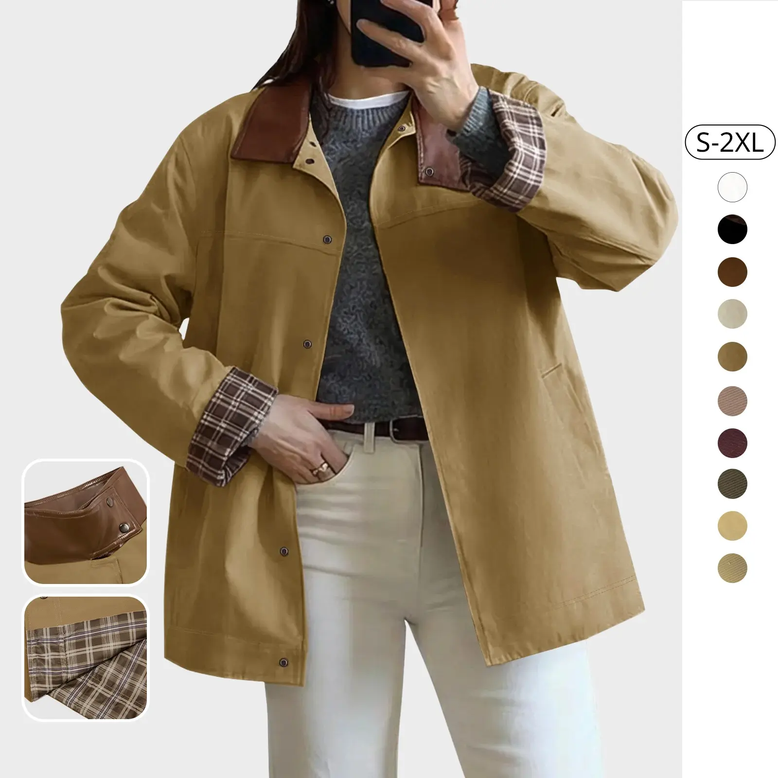 Tankaneo Womens Trench Coat Oversized Fall Barn Jacket Leather Collar Plaid Color Block Windproof Overcoat