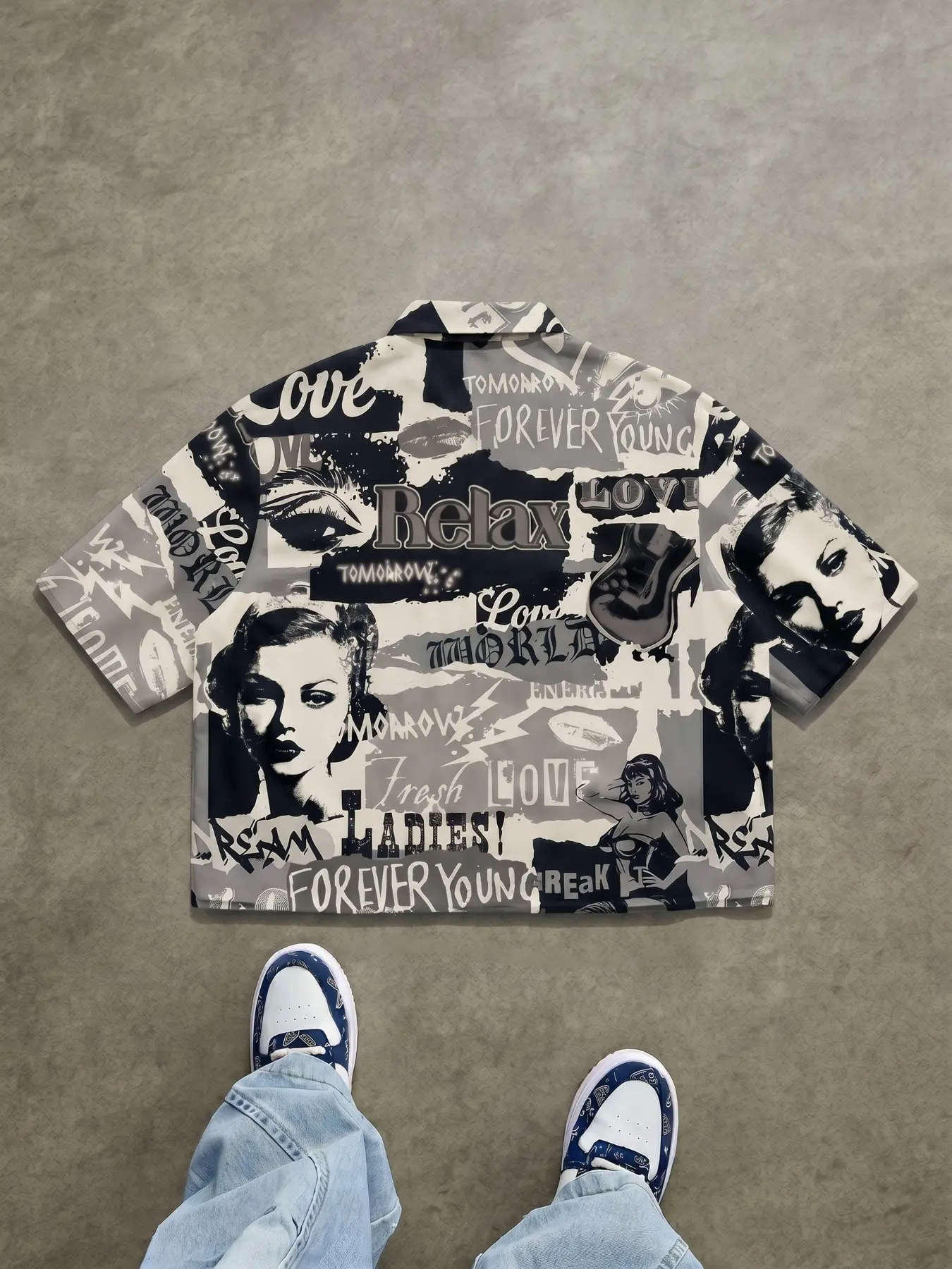 American Vintage Newspaper Portrait Graffiti Short Sleeve Shirt for Men, Multiple Colors, High Street Loose Rock Print Couples Shirt