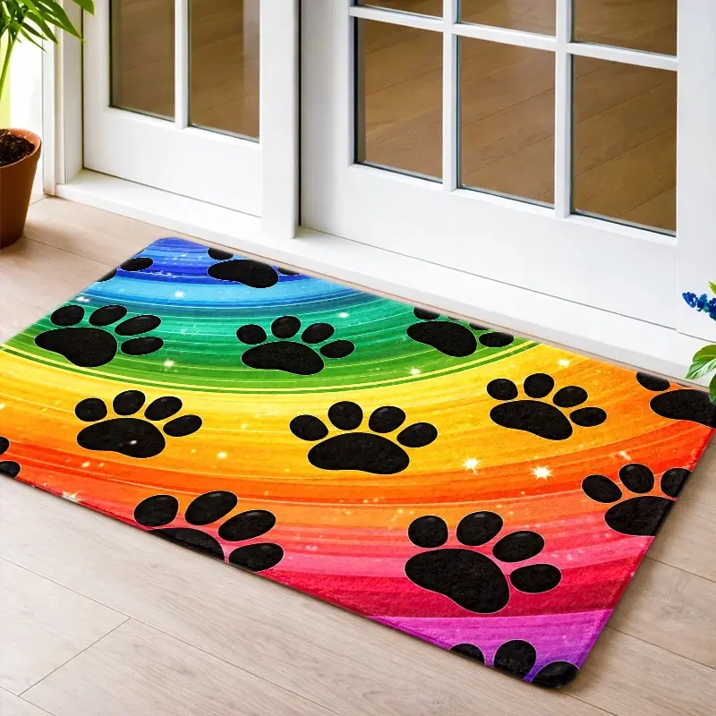 Rainbow Dog Paw Print Doormat - Durable, Machine-Washable Aurora Style, Cartoonish Style, Colorblock, Decorative Rug, Distinctive Design Doormat for Indoor Entry, Bedroom, Porch Use, Aurora Style Doormats, Cartoonish Style Doormats