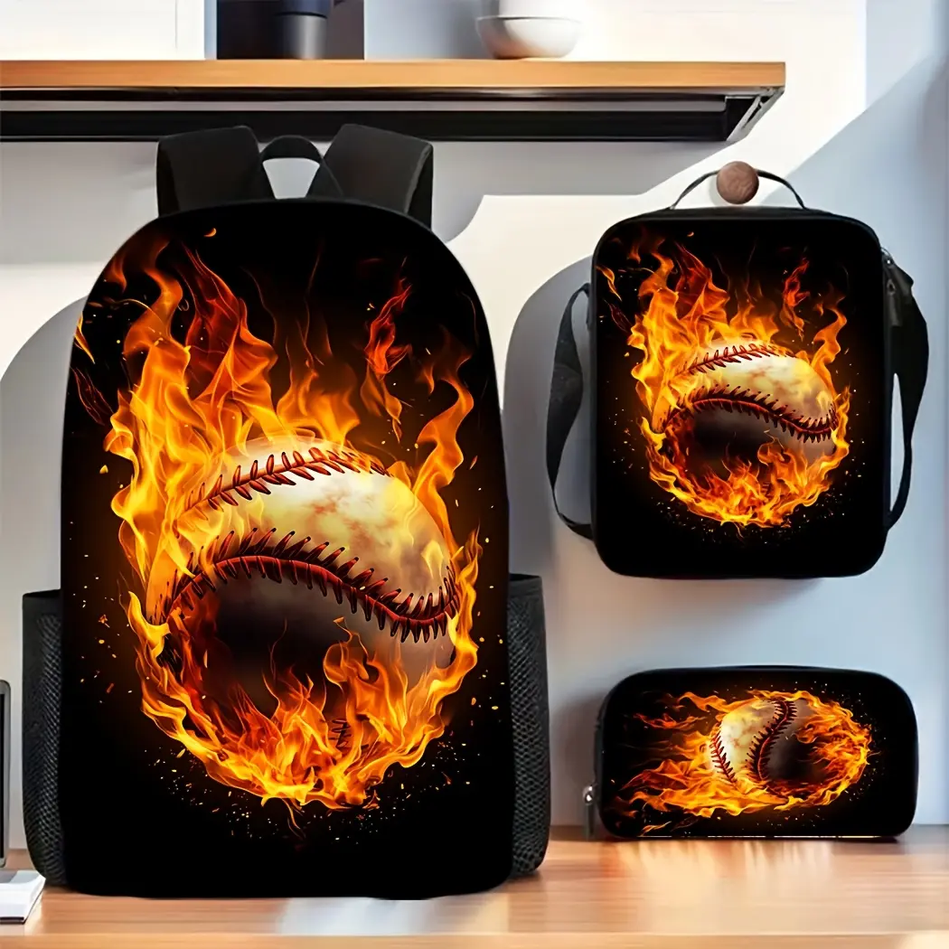 Baseball-themed three-piece backpack set, including a lunch bag and pencil case, perfect for school, travel, and camping - lightweight/adjustable shoulder straps, flame sports print, a must-have for baseball fans.