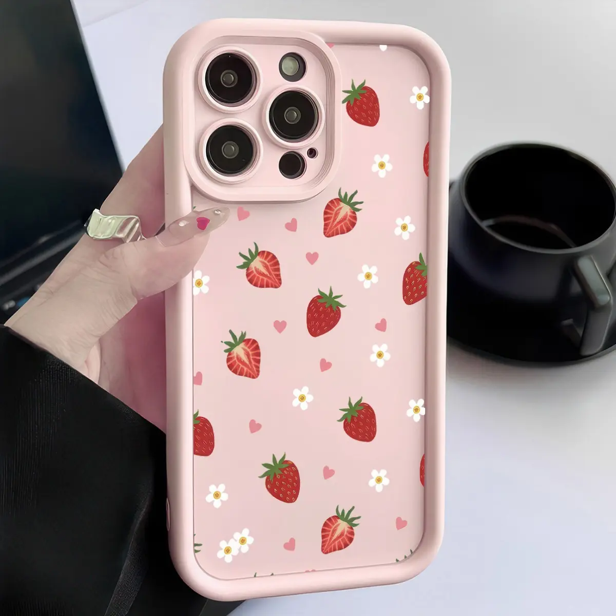 Cute Pink Strawberry Pattern Silicone Phone Case - Shockproof Soft TPU Cover, Camera Lens Protection, Durable Slim Design for iPhone 17 Pro Max,16,16e,15,14 Plus,13,12 Mini,11,Air,X,XS Mobile Accessories