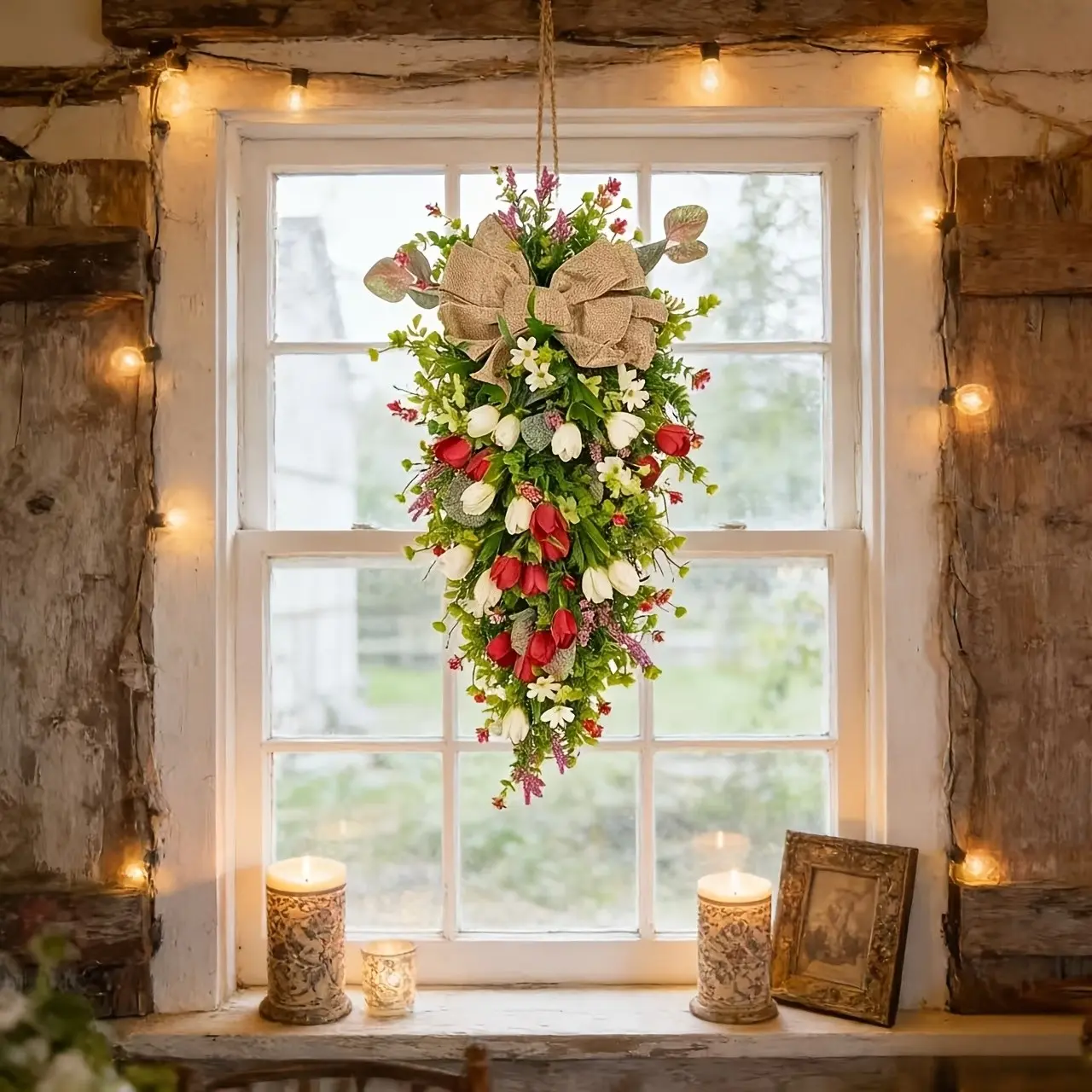 24-Inch Tulip Teardrop Wreath with Burlap Bow, Ideal for Hanging, Perfect for Weddings, Outdoor Decor, Front Door, Valentine's Day, Mother's Day, Easter Party