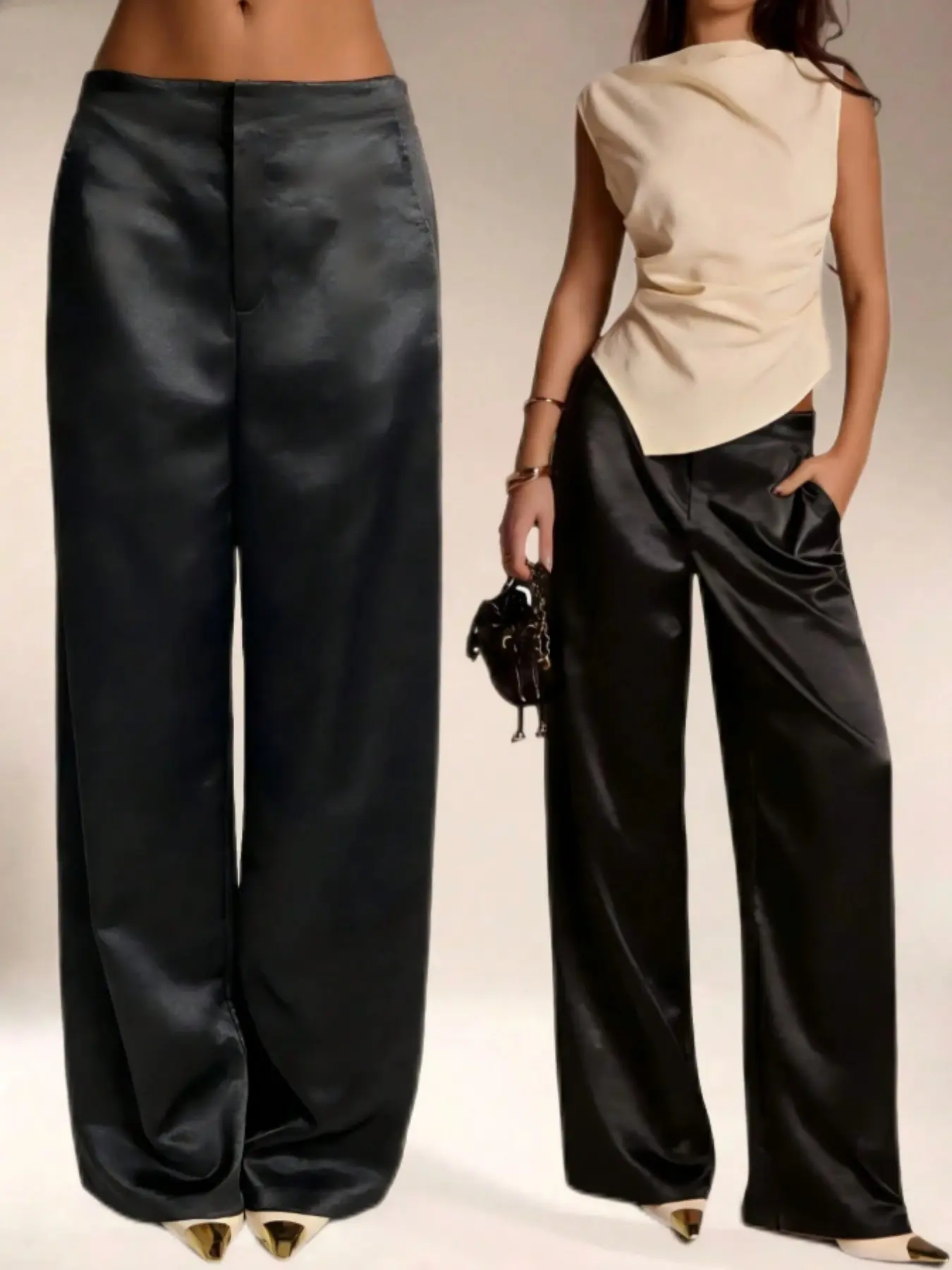 Elegant Satin High-Waisted Straight Leg Pants with Pockets and Zipper, Perfect for Vacation, Office, Commute, Airport Wear