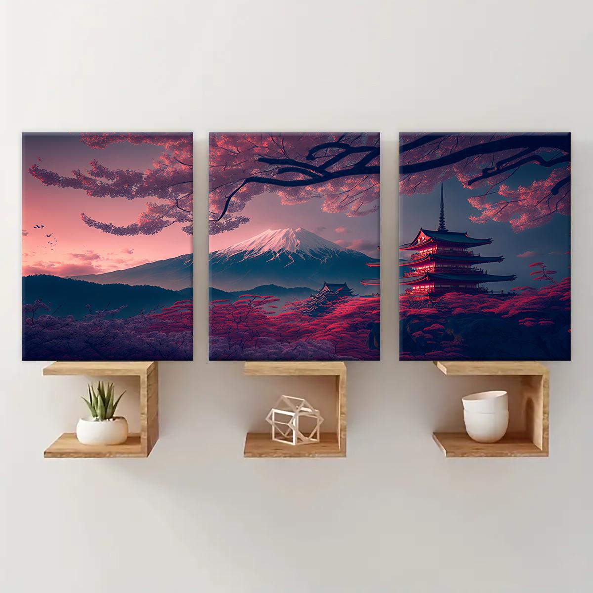 Wooden Framed Canvas Painting, 1-3 Counts/set Water Proof Japanese Style Scenery Canvas Poster, Modern Art Wall Decoration, Home Wall Decor
