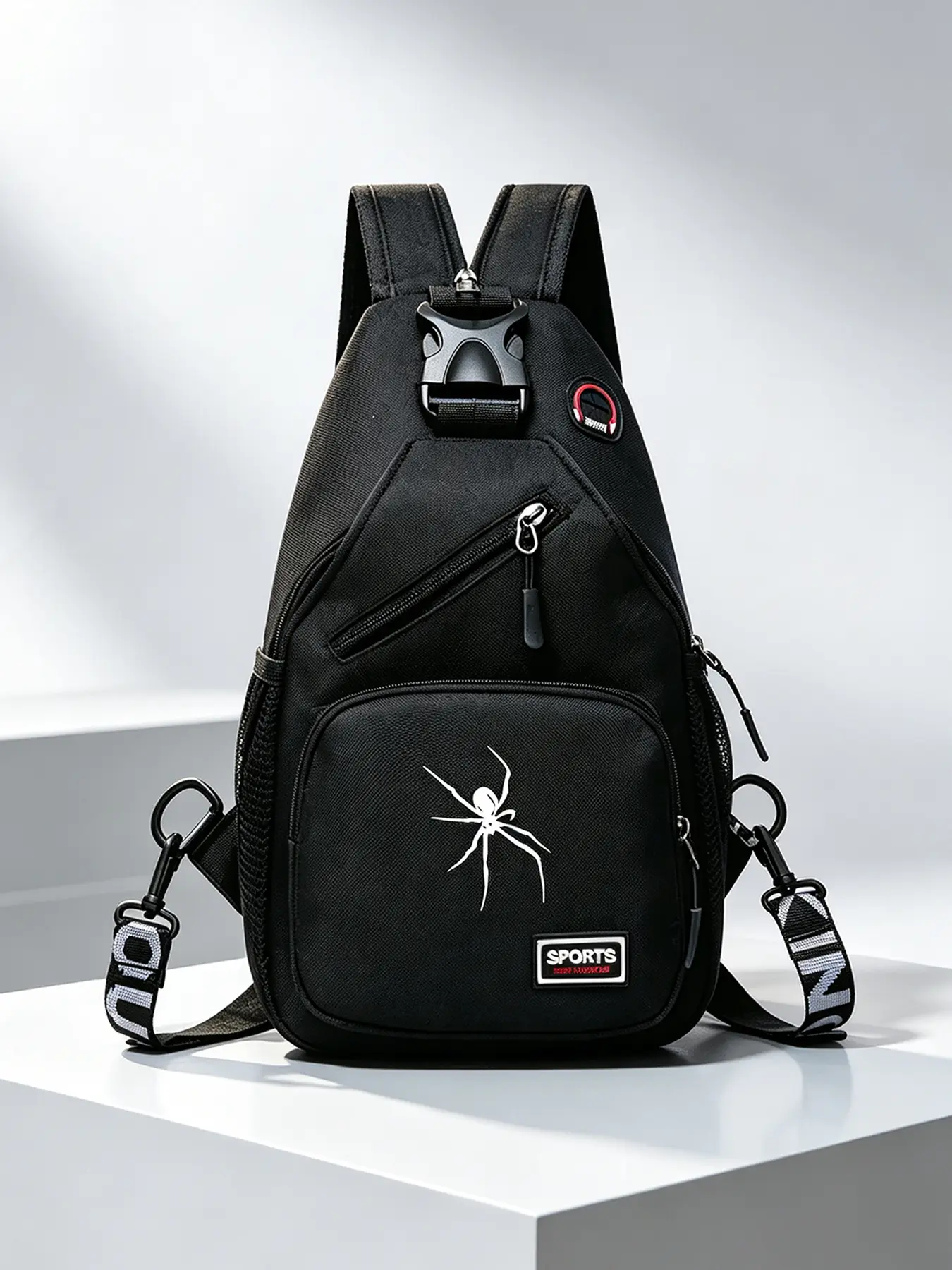 Trendy chest crossbody bag with spider print, casual lightweight shoulder pack for sports and cycling.