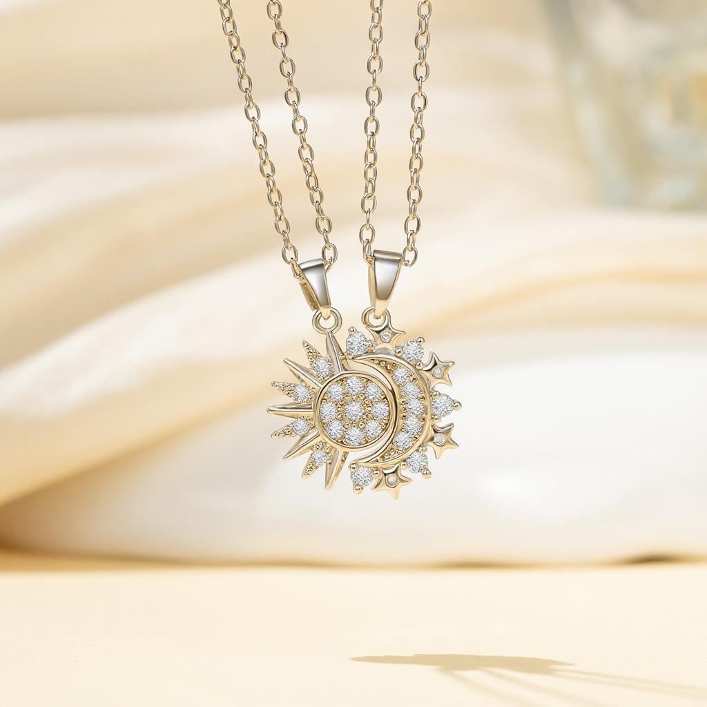 Sun and Moon Magnetic Pendant Necklace for Women, Nickel-Free Copper, Lightweight & Comfortable, Elegant Jewelry Gift for Party, Love & Back to School