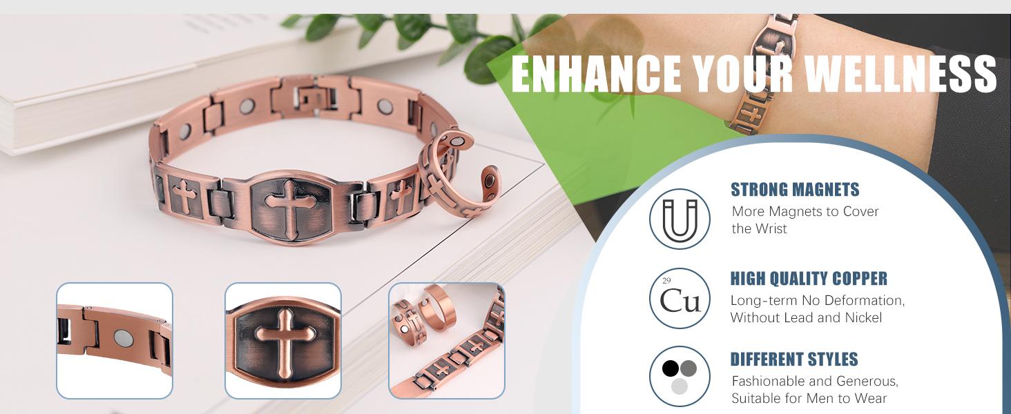 Jecanori Pure Copper Bracelet for Men, Mens Copper Cross Bracelet, Copper Jewelry Gift with Sizing Tool Trendy Stack Bangle