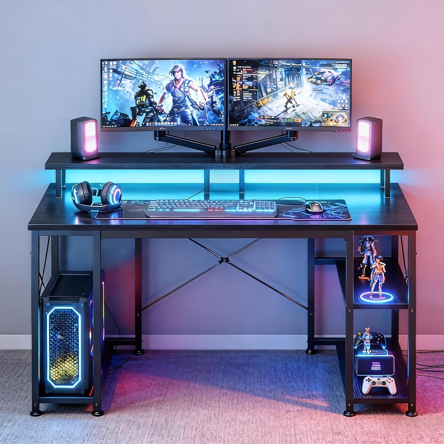 Home Office Desk Desk with LED Lights & Power Outlets, Gaming Study Desk with CPU Stand, Monitor Stand & Storage Sheves