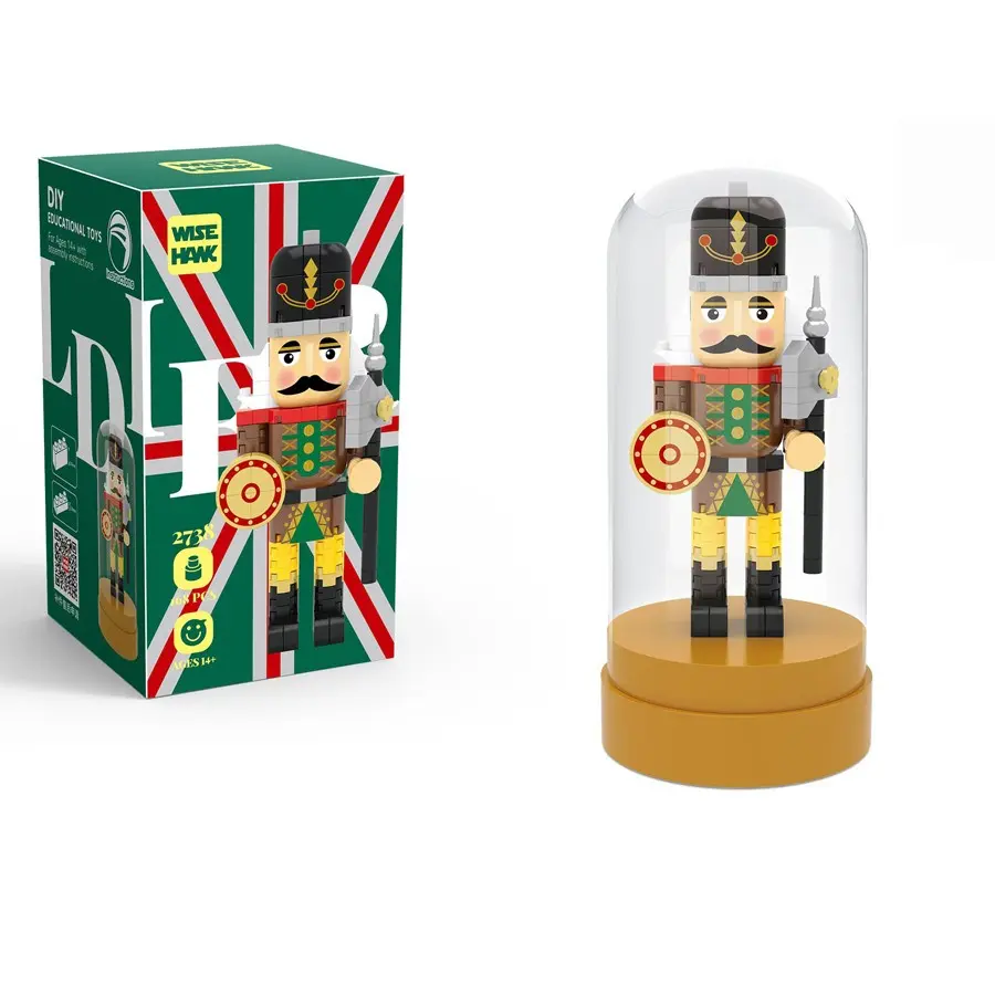 Christmas Nutcracker Soldier Building Blocks Set, Display Model with Clear Dust‑Proof Cover, Classic Puppet Figure, Desktop Decor, Xmas Birthday Holiday Gift