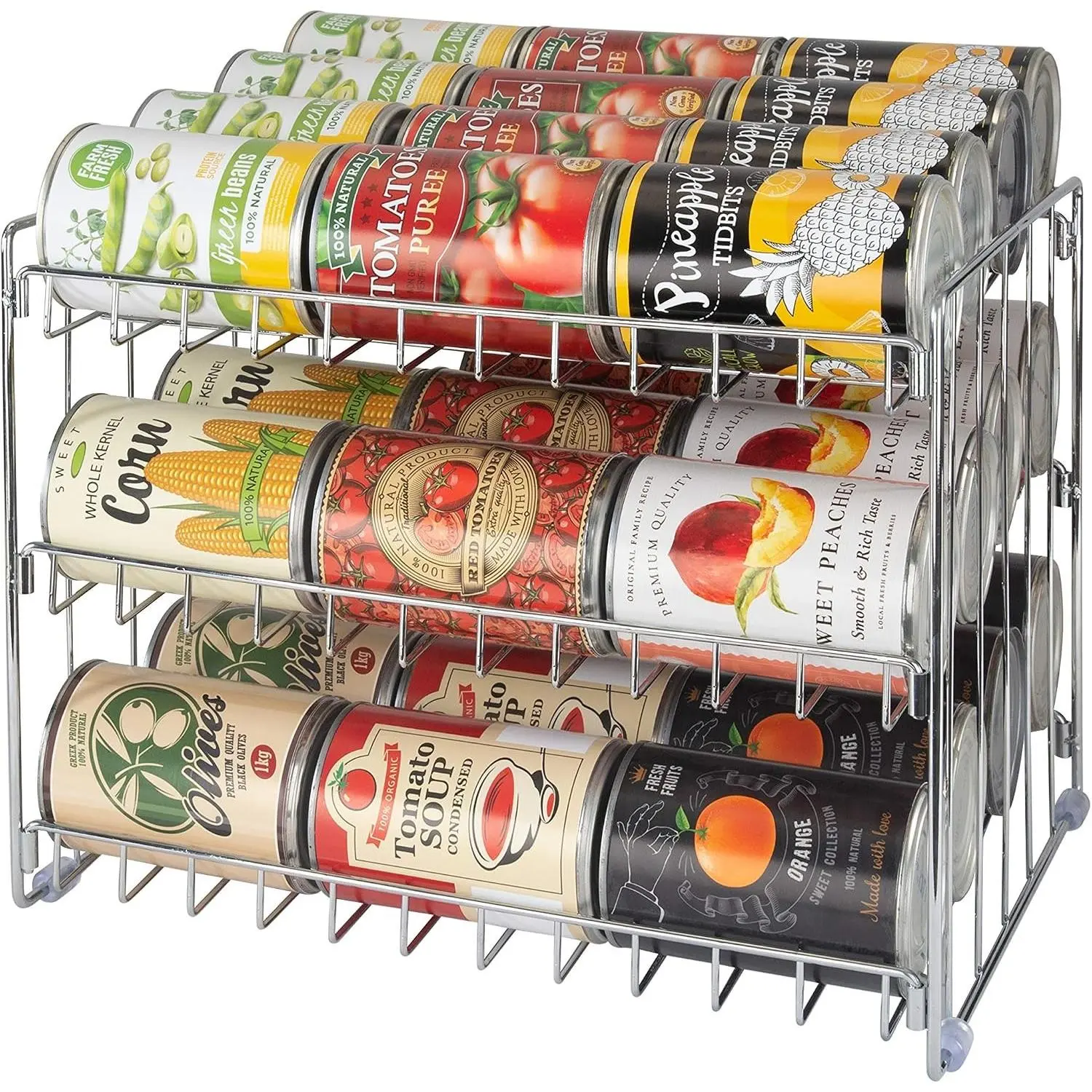 3 Tier Can Organizer | Chrome Steel Canned Food Storage Rack | Holds 36 Cans | Space-Saving Pantry & Cabinet Storage Solution | Easy Access to Canned Goods | Freestanding Design