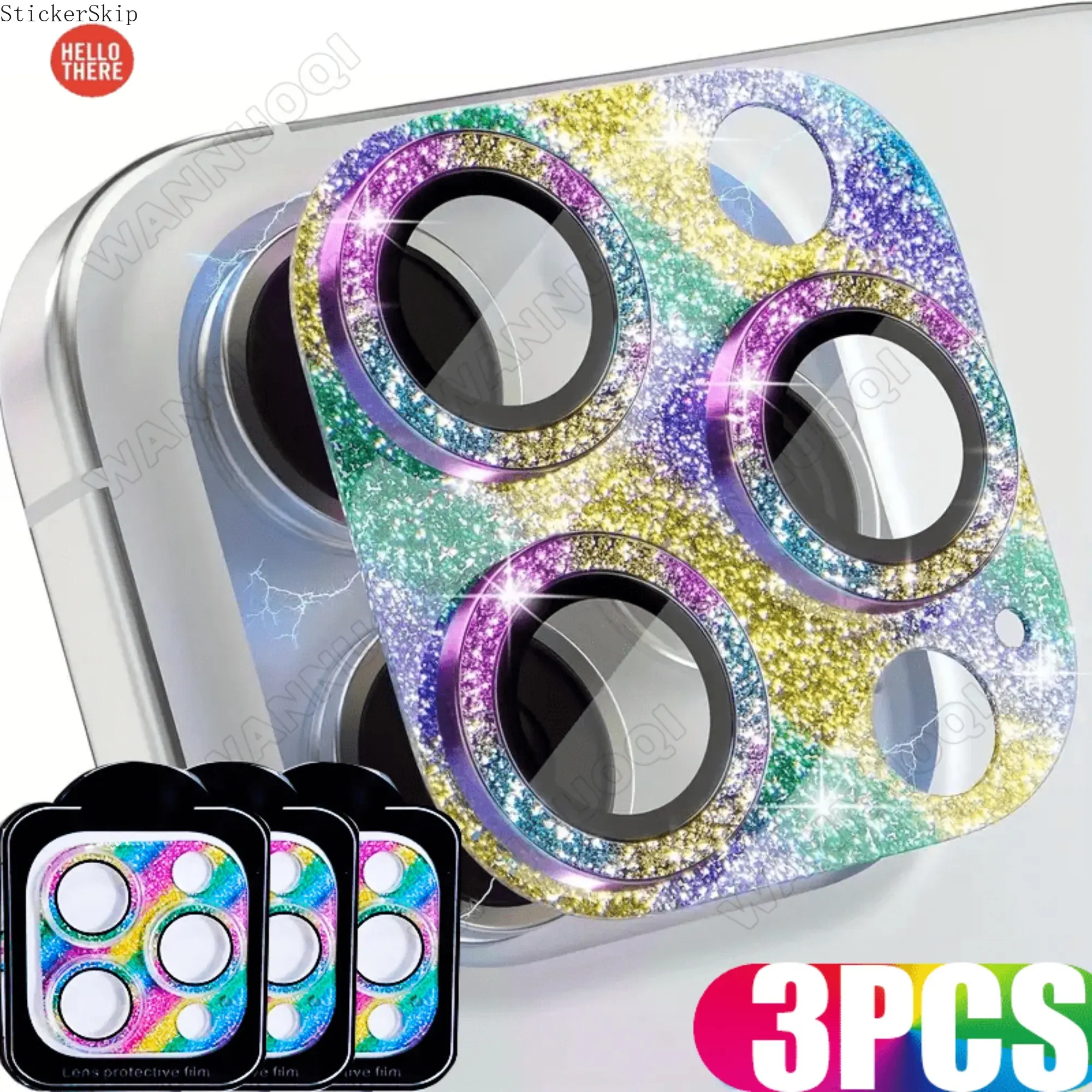 3 Pack Vibrant Glitter Tempered Glass Camera Lens Protector, 9H Hardness Sparkling Flash Ring Cover Compatible with iPhone 13/13 Mini/14/15/16 Pro & Pro Max, Colorful Decorative Lens Guard