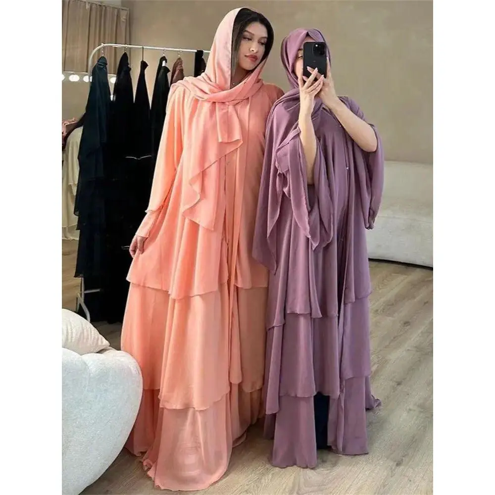 Summer Open Chiffon Khimar Kimono Abaya Dubai Luxury 2024 Muslim Sets Modest Kaftan Hijab Dresses For Women Islam Kebaya Damen