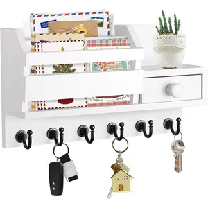 Key Holder Wall Mount, Wooden Mail and Key Organizer with Drawer and Shelf, 2 Slots, 6 Hooks, White