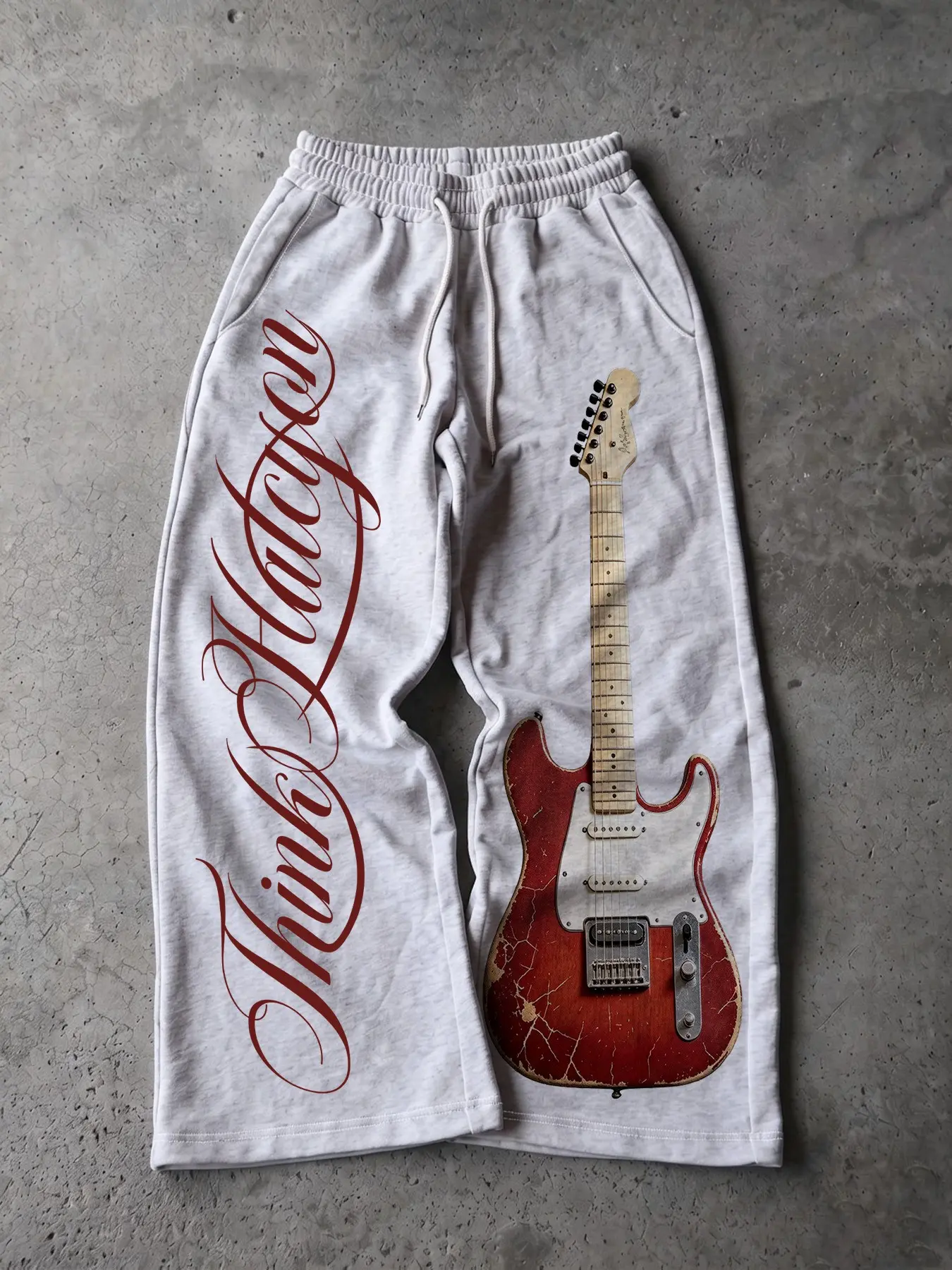 2026 Trendy Men Vintage Rock Guitar Print Sweatpants Baggy Wide Leg Red Script Letter Graphic Elastic Waist Soft Fleece Casual Streetwear Lounge Pants Matching Hoodie For Teen Boys Music Festival Club Travel Daily Street Outfits Casual Sweatpants Style