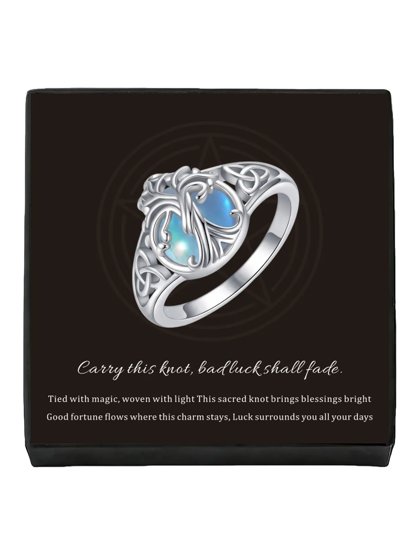 Celtic Phoenix Woven Moonstone Silver Ring, vintage lucky charm with Celtic knot, tree of life and witch knot for daily spring and summer outfits, a mysterious gift for Valentine’s Day and Christmas, Jewelry Rings, Beautiful Rings