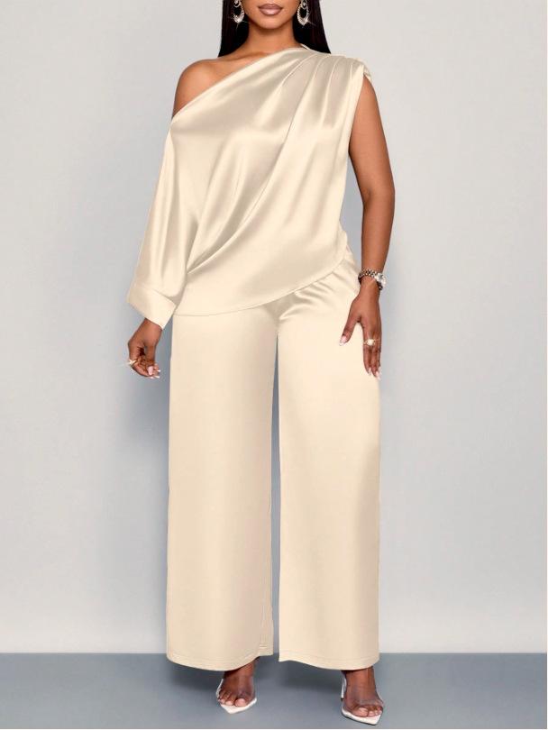 Summer Casual Women's Satin Suit with Asymmetrical Collar, Short-Sleeved Top and Long Pants Set