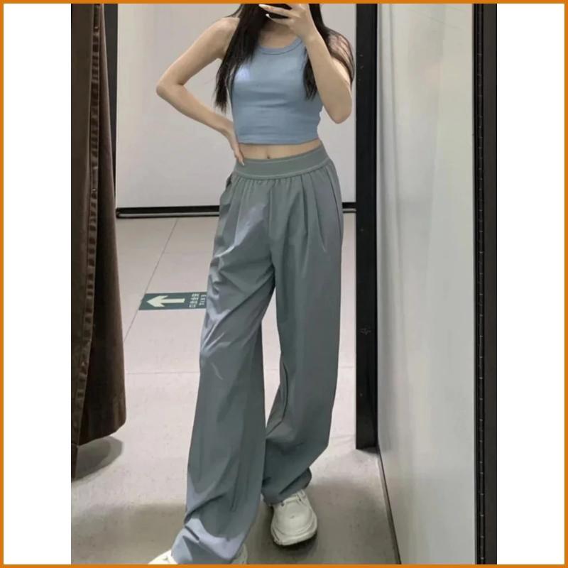 Women'S Elastic High-Waisted Wide Leg Pants - American Retro Loose Straight Lightweight Quick-Dry Breathable Casual Everyday Chic Bottoms