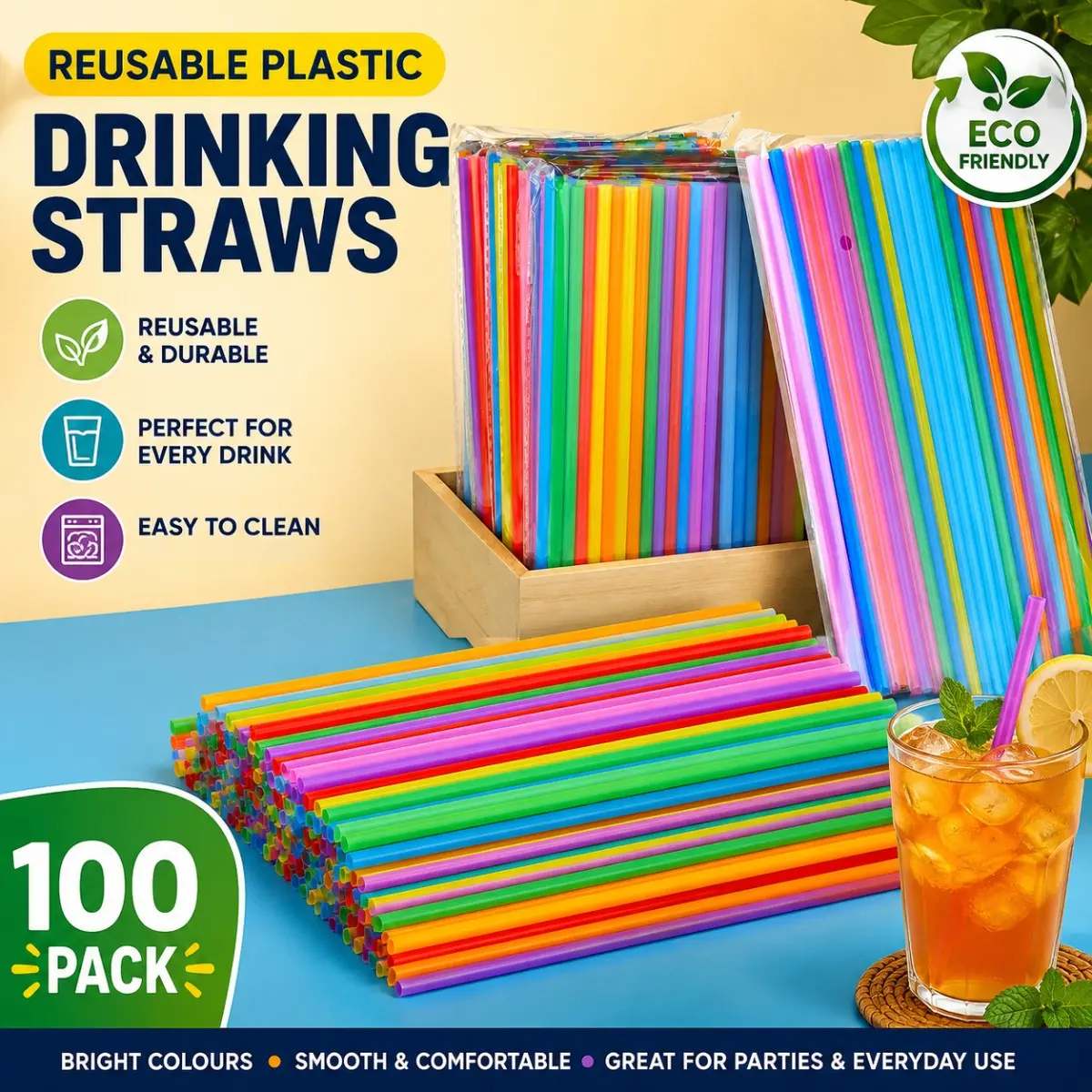 100pcs Colorful Plastic Straws, 0.24 Inch Diameter Party Drink Straws, Reusable DIY Craft Straws for Cocktails & Drinks, Drinking Straws