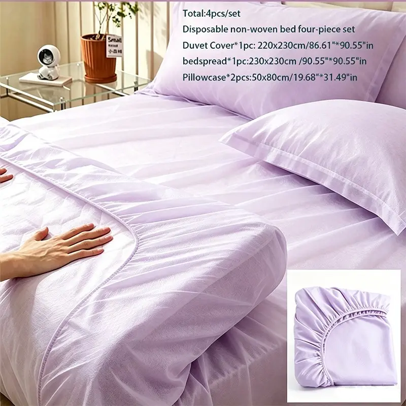 4pcs/set Disposable Compressed Non-Woven Bedding Set, Travel Pillowcase Sheet Twin Comfort Kit, Portable Skin-Friendly, Ideal for Hotel/staycation