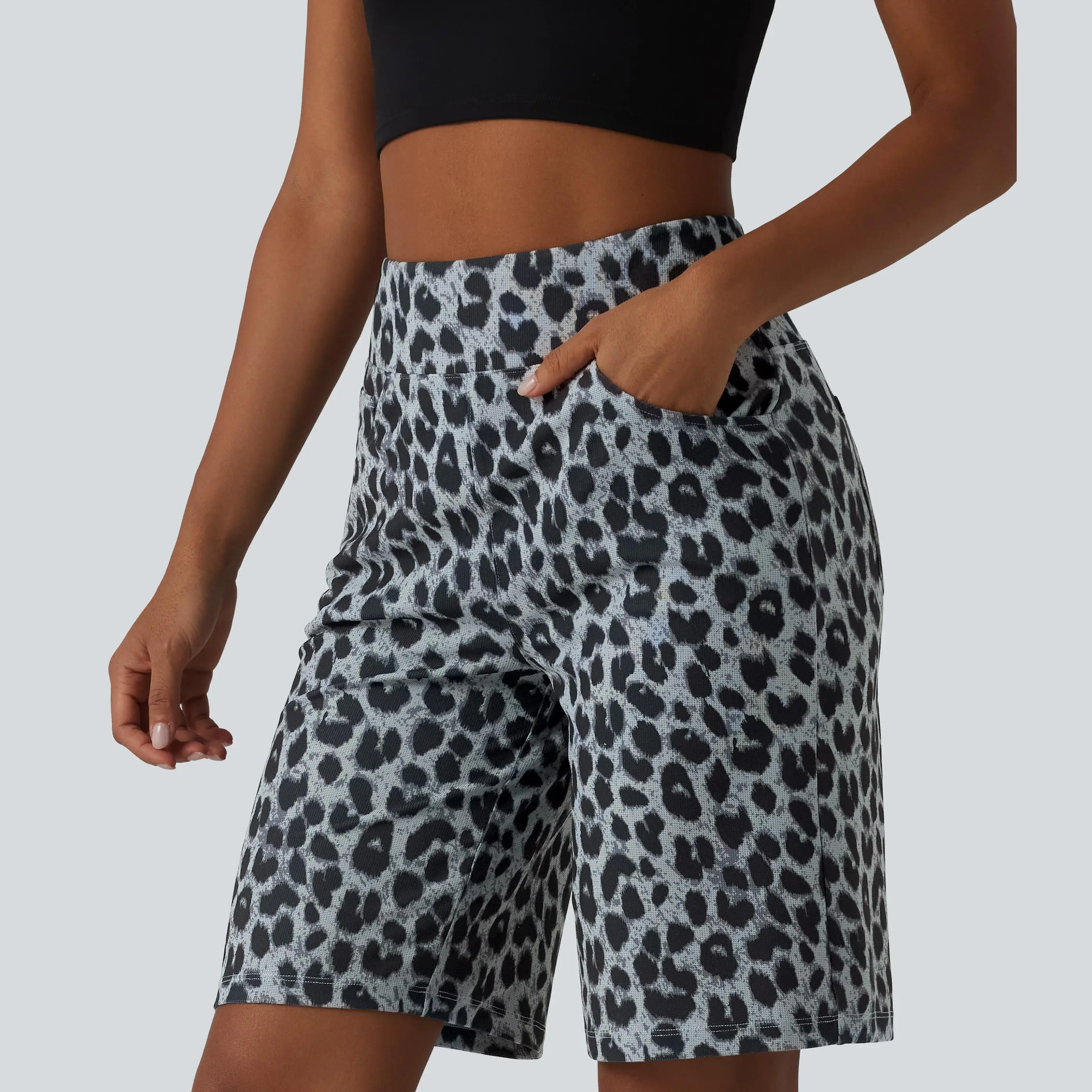 Halara High Waisted Leopard Waffle Casual Baggy Shorts 10'' with Pockets