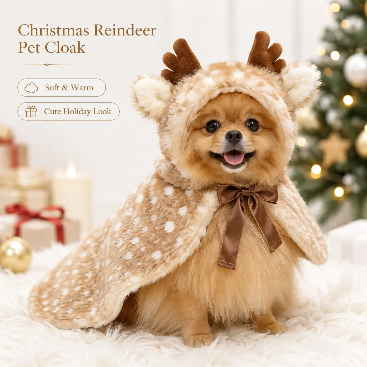Cute Christmas Reindeer Pet Hooded Cape, Plush Warm Cat Dog Costume, Festive Photo Prop for Pets, Perfect for Holiday Season