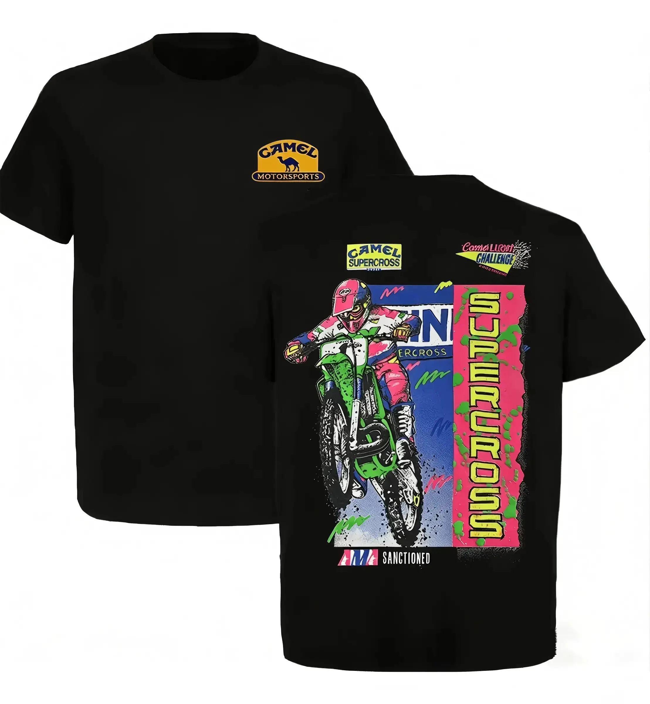Men's Casual Short Sleeve T-Shirt with a Vintage Retro 90s Supercross Motocross Graphic and Neon Racing Print, Top