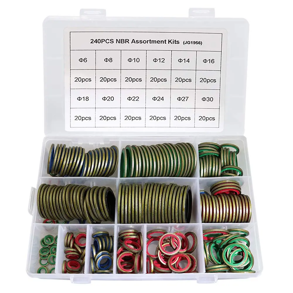 240-Piece 12-Size NBR Metal Bonded Sealing Washer Assort Kit - Synthetic, Anti-Static, Hydraulic Oil-Resistant Metric Combination O-Ring Kit for Turbos, Mechanical Devices