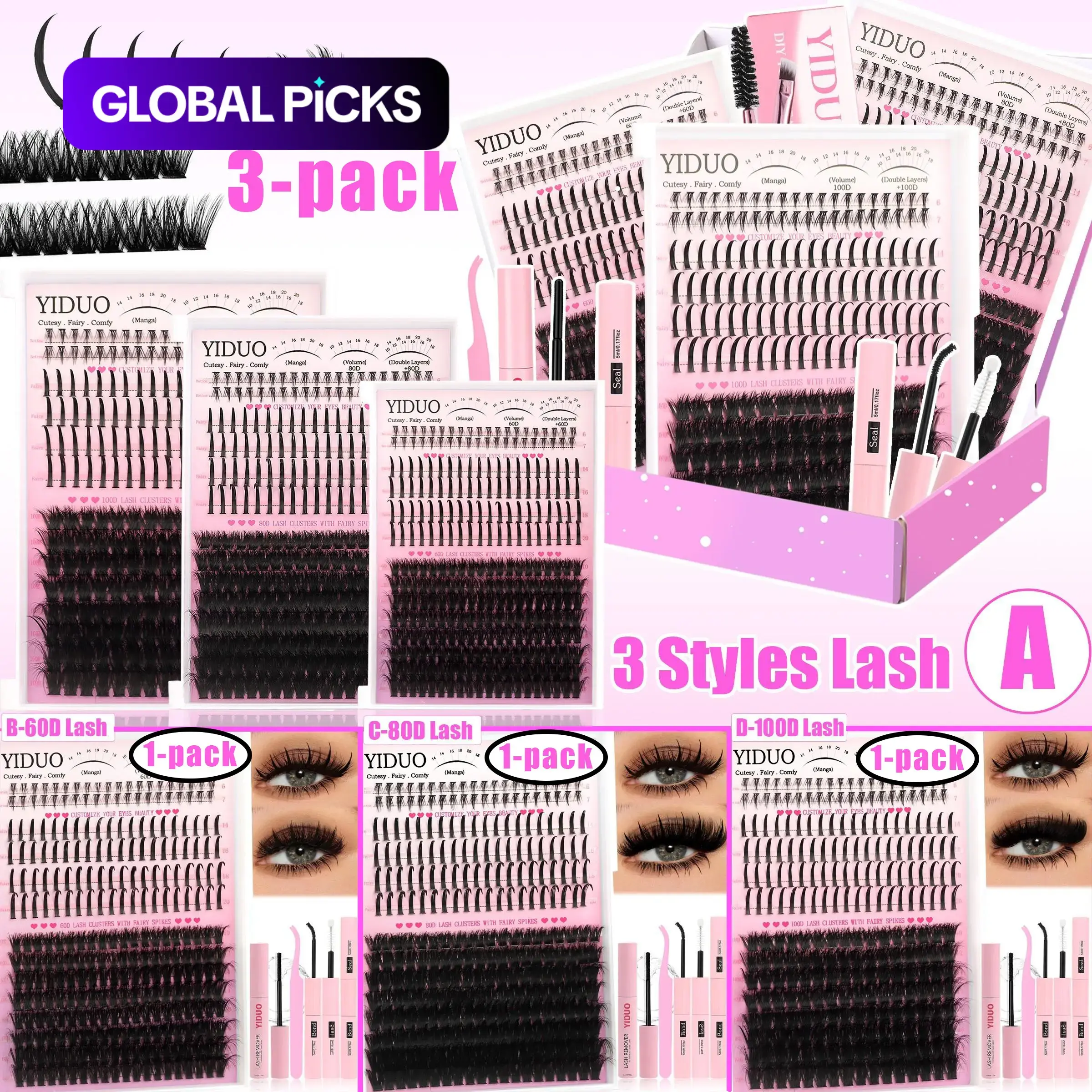【Black Friday】YIDUO 5-Style Lash Cluster Kit, D-Curl Fluffy & Spiky Lashes Extensions (6-18mm), DIY Lash Set with Bond & Seal, Remover, Tweezers & Brush #GLOBAL PICKS
