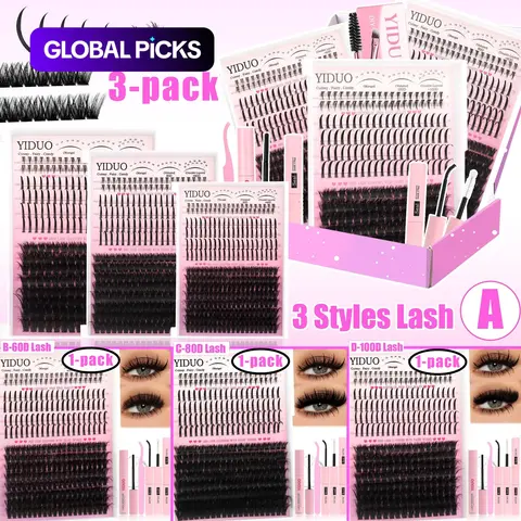 【Black Friday】YIDUO 5-Style Lash Cluster Kit, D-Curl Fluffy & Spiky Lashes Extensions (6-18mm), DIY Lash Set with Bond & Seal, Remover, Tweezers & Brush #GLOBAL PICKS