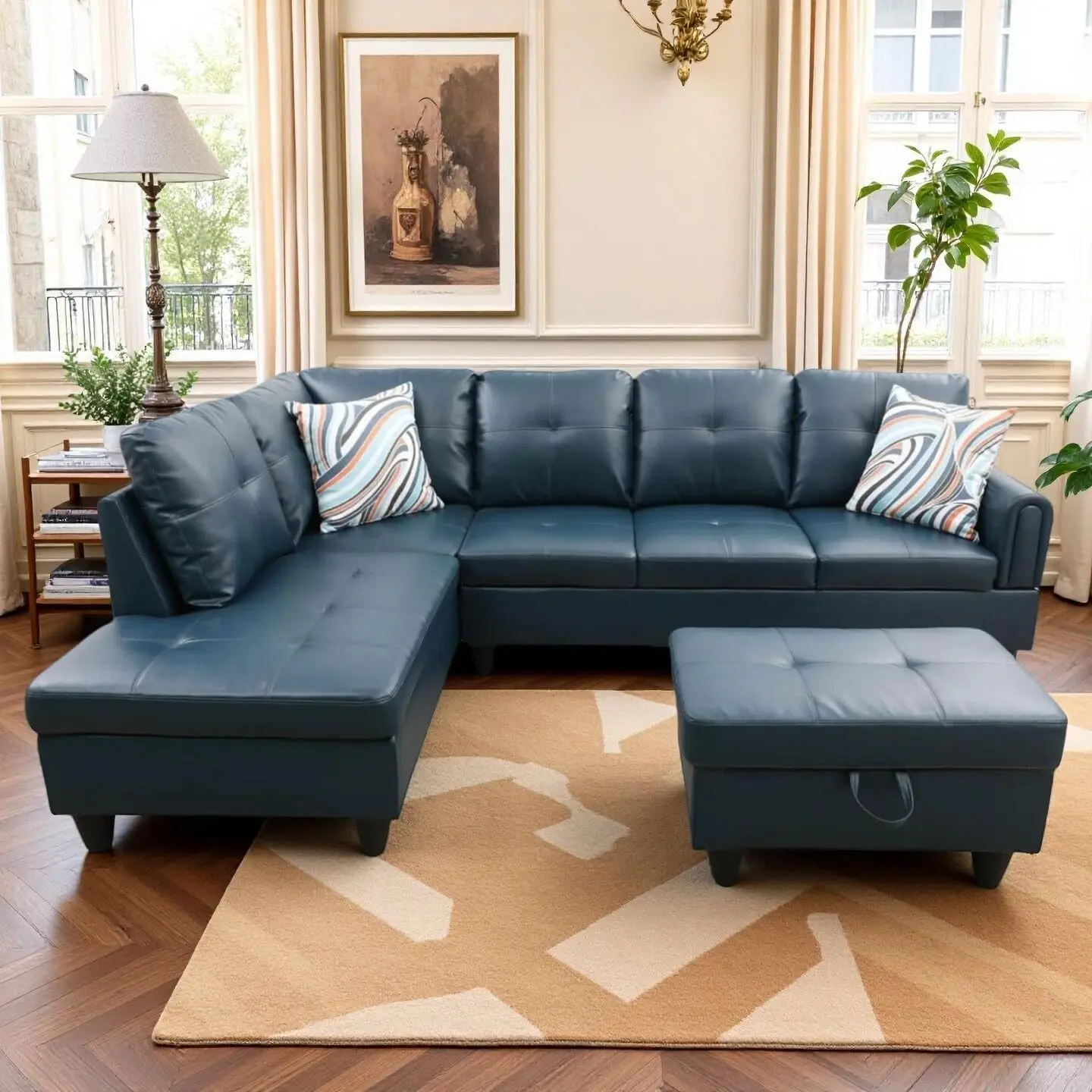 L-Shaped Modular Sectional Couch Set - 3-Piece Convertible Faux Leather Sofa with Chaise, Storage Ottoman, for Living Room Decor, Furniture Living Room, Small Apartments, Grey Blue