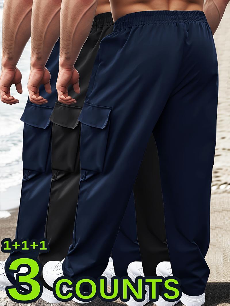 3pcs Men'S Casual Sports Cargo Pants - Drawstring Waist, Men's Sweatpants, Print Zip Pockets, Multiple Pockets, Lightweight for Spring & Summer, Ideal for Outdoor Running & Training, Casual Wear Pants | Cargo Style Pants | Lightweight Fabric
