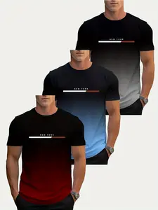 Men's Three-Piece Set with 3D 'new York' Stripe T-Shirt, Round Neck, Slight Elasticity, Ideal for Summer Sports & Casual Wear