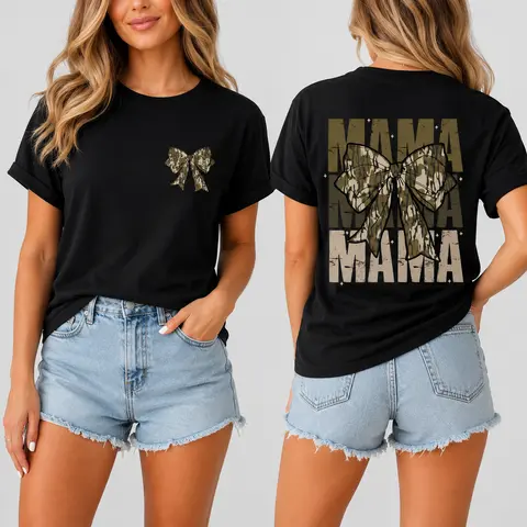 Women's Unisex Old School Camo Graphic T-Shirt Top - Mama Coquette Bow Apparel, Retro Hunting Style Casual Wear, Loose Fit, Customized Sleeve, Mom Gift