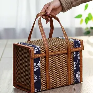 Bamboo Folding Picnic Basket, Wax-Printed Fabric Cover, Outdoor Storage Basket, Rustic Style, Perfect for Camping and Hiking