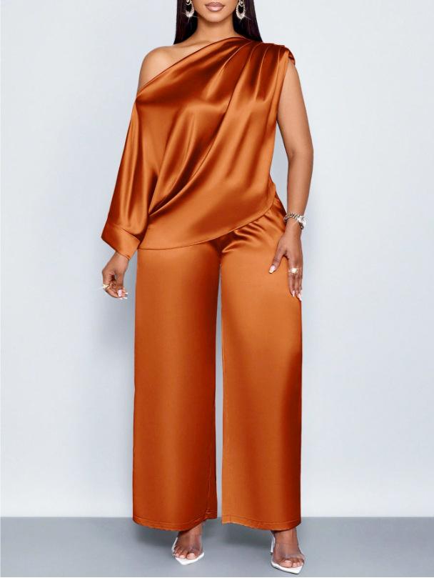 Summer Casual Women's Satin Suit with Asymmetrical Collar, Short-Sleeved Top and Long Pants Set