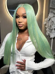 26 Inch Green And Blue Highlight Straight Hair 4x1 Lace Front Wig Heat Resistant Synthetic Hair Glueless No Glue Wig for Daily & Party Wear