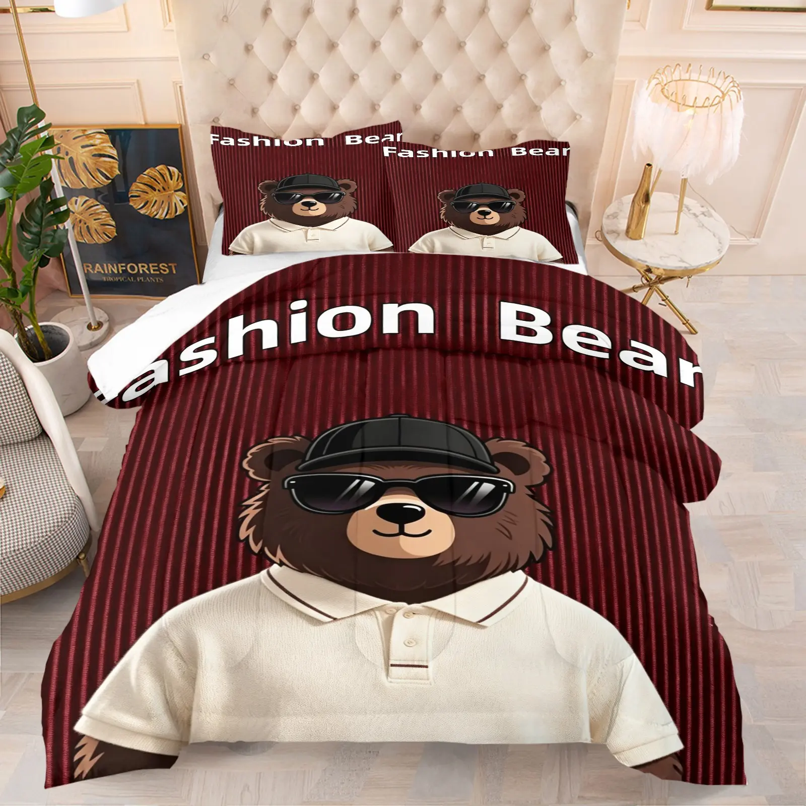 Fashionable Bear Print Set, Includes 1 Bedding and 1 or 2 Pillowcases Without Pillow Inserts, Soft Bedroom Decorations for Kids and Adults