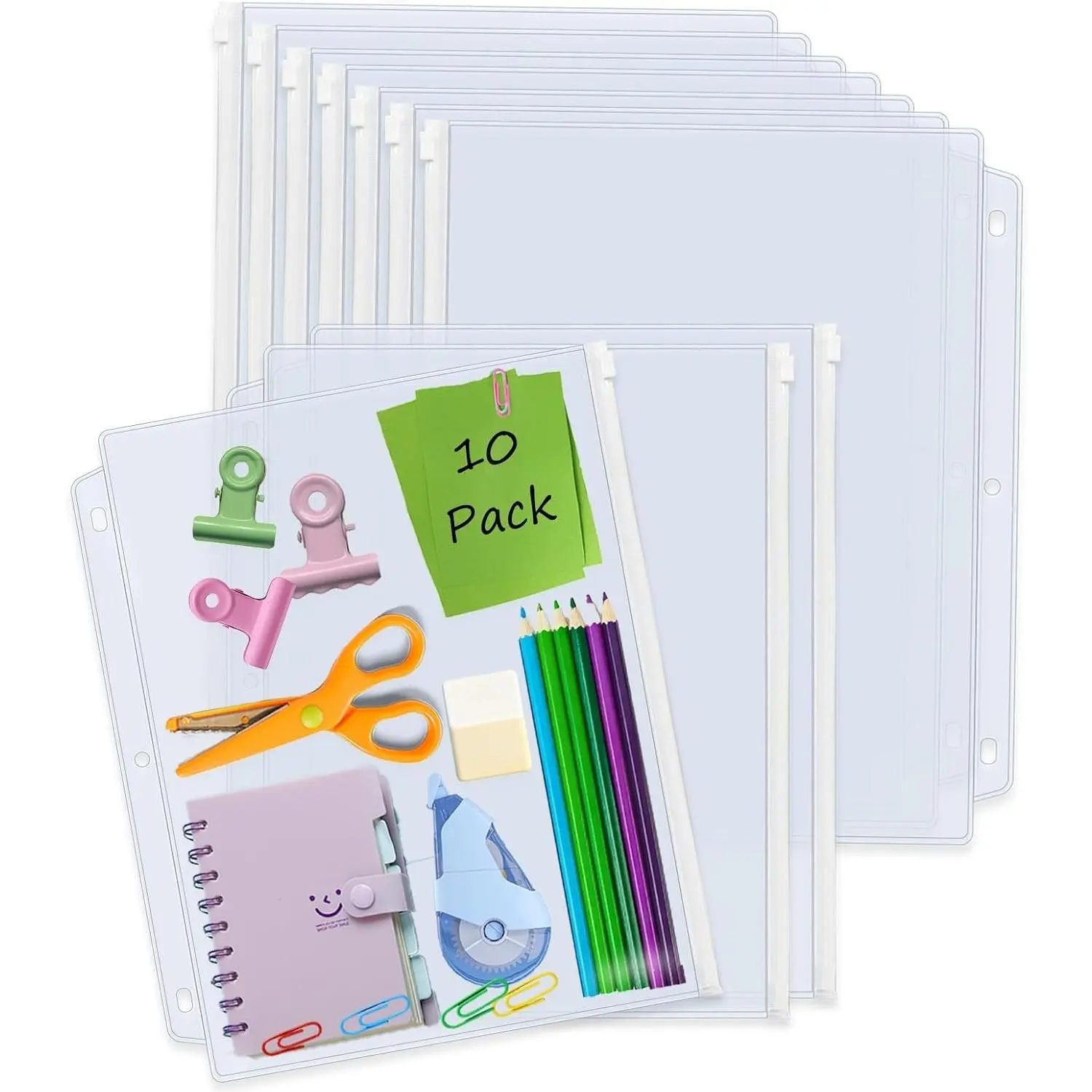 10 Pack Zippered Binder Pockets, 3-Hole, Clear, White Zippers | Plastic Binder Pouches, Fits 3 Ring Binders, Waterproof PVC, Zipper Closure, Document Filing and Storage