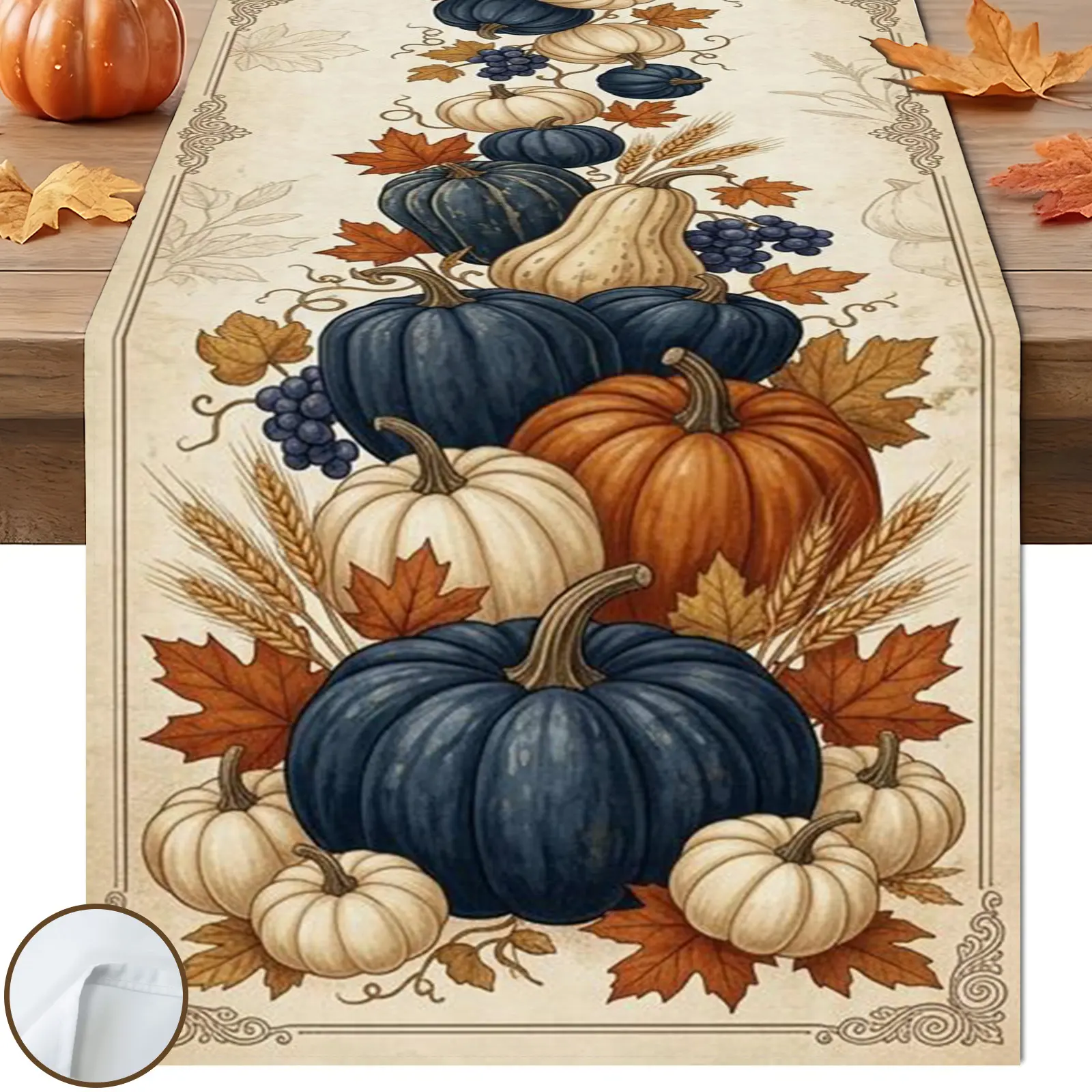 1pc Blue Pumpkin Table Runner, Vintage Farmhouse Style, Blue Orange White Pumpkin Gourd Grape Wheat Maple Border Design, for Thanksgiving Table Decor
