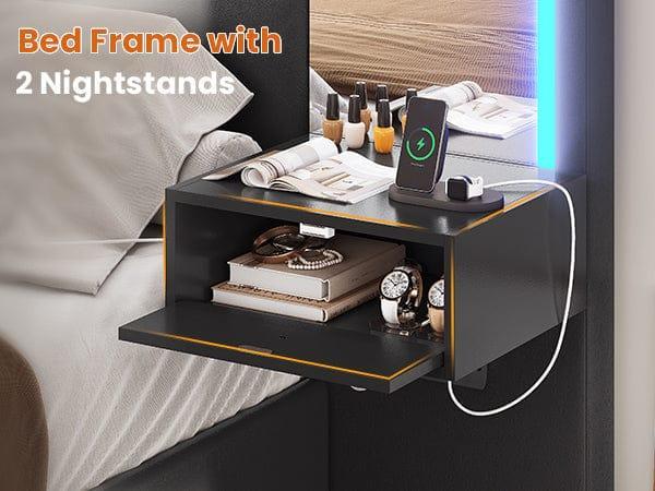 Sikaic PU Leather Upholstered Led Bed Frame with Storage Drawers Outlets & Nightstands Black Modern Wooden Headboard Diamond Tufted Headboard