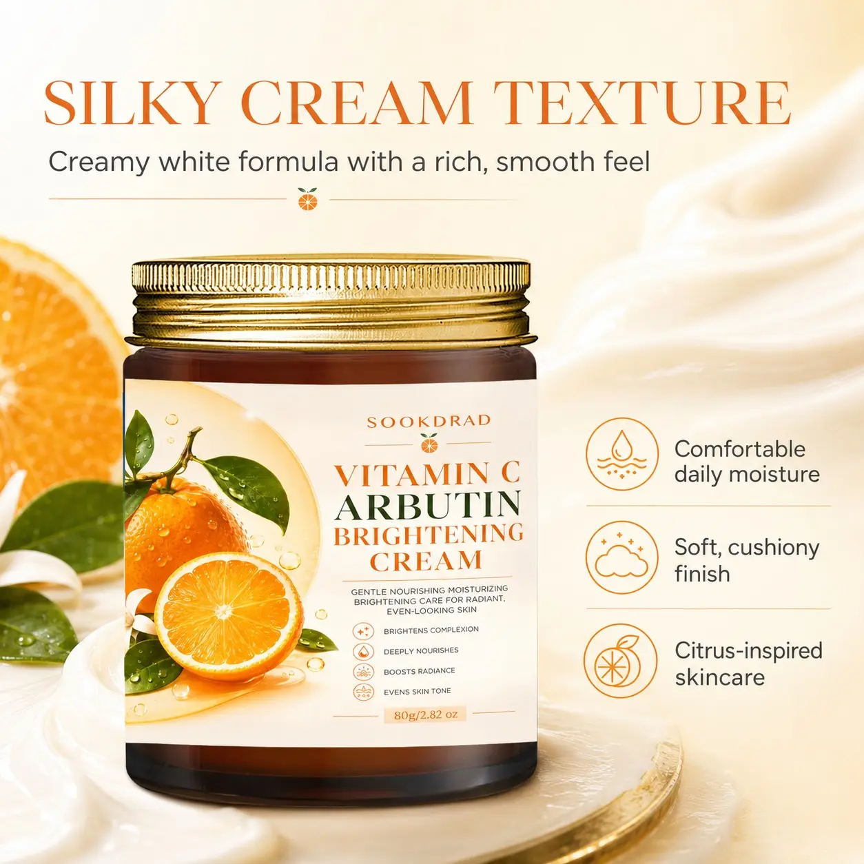 Vitamin C Arbutin Brightening Cream, brightens complexion, deeply nourishes, boosts radiance, evens skin tone, gentle facial moisturizer, 80g