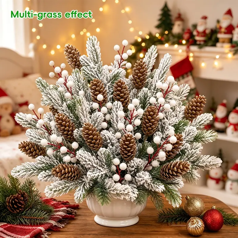 Artificial Winter Floral Mix with Cedar Branches, Pinecones & White Berries, Snow Dusted Design, Realistic Snowy Holiday Greenery, Fade Resistant Reusable Fake Foliage for Christmas, Party, Home Table & Window Display Decor,