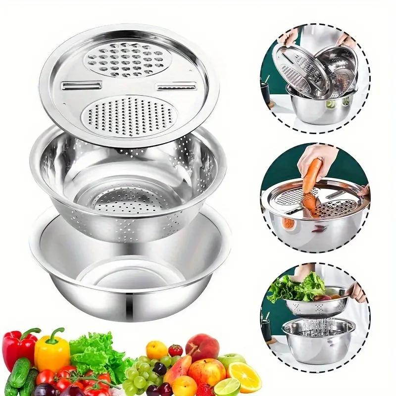 3 Piece 9 Inch Deep Wide Stainless Steel Prep Bowl Set Vegetable Cutter Strainer Mixing Bowl Slicer with Colander Dishwasher Safe Salad Prep Easy Clean Durable