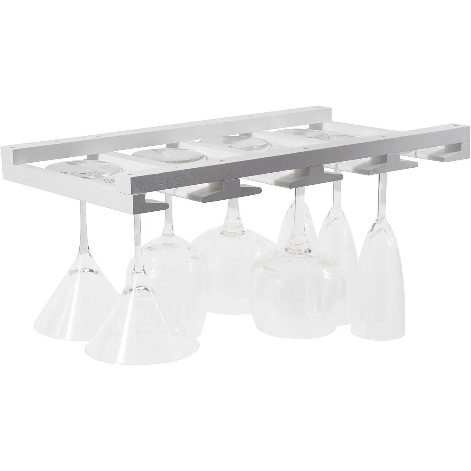 Eze 4 Sectional Under Cabinet Mount Wood Stemware Rack Hanging Shelf Glassware Holder Bar Organizer with up to 12 Wine Glass Storage 10 Inch Deep White