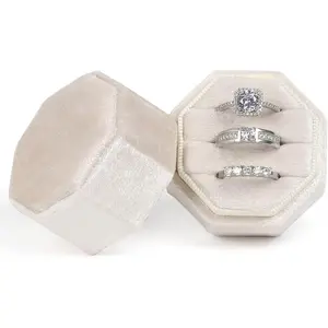 Velvet Ring Box, 3 Slots Wedding Ring Box, Vintage Octagon Premium Jewelry Display Holder Gift Box with Detachable Lid for Engagement Wedding Box Keepsake Box Bridal PhotoGift.