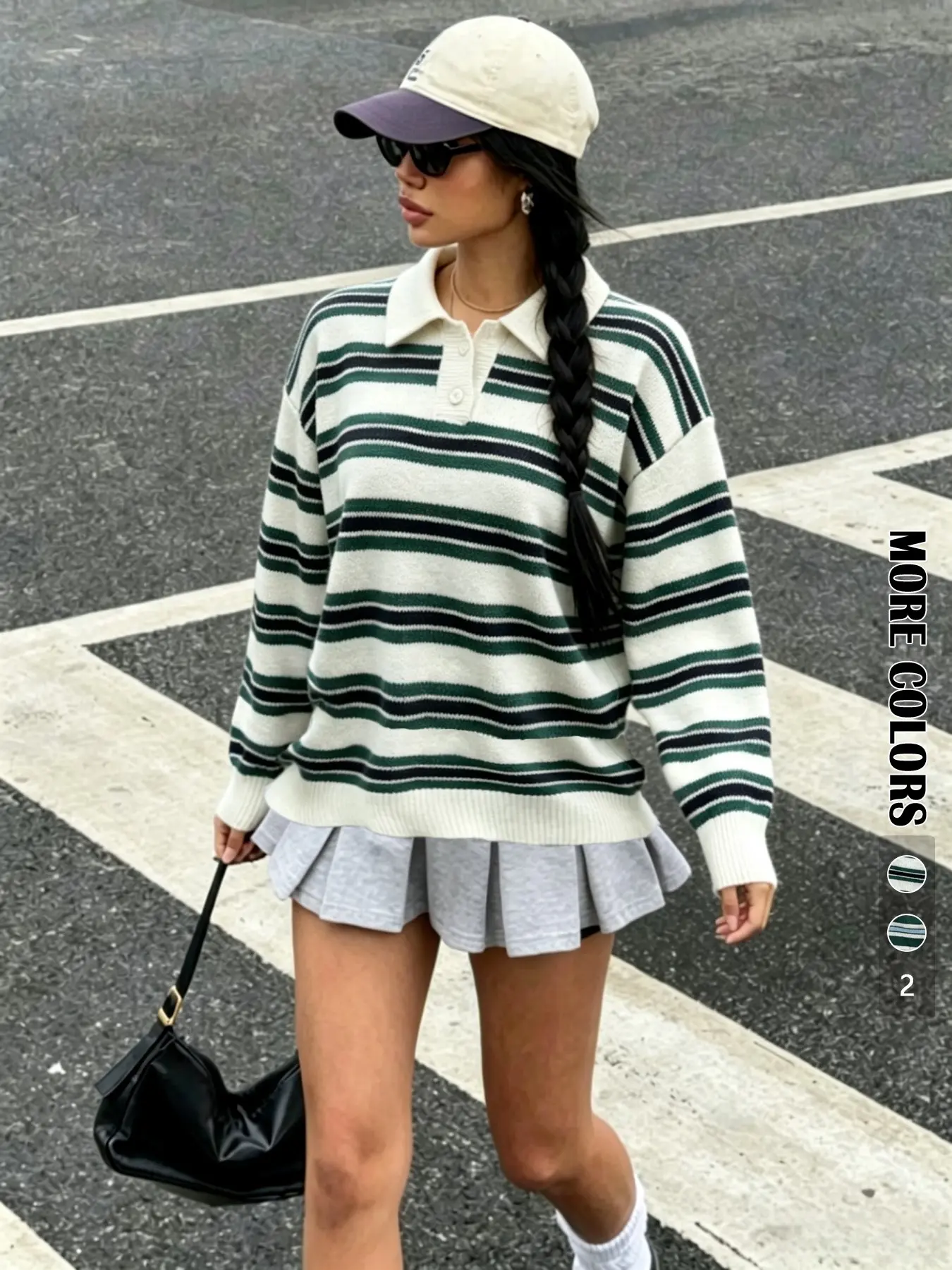 Autumn College Style Polo Neck Long Sleeve Striped Colorblock Button Pullover, Fashion Chic Casual Simple Lazy Oversized Loose Fit Knit Sweater Clothing Top Knitwear for Women